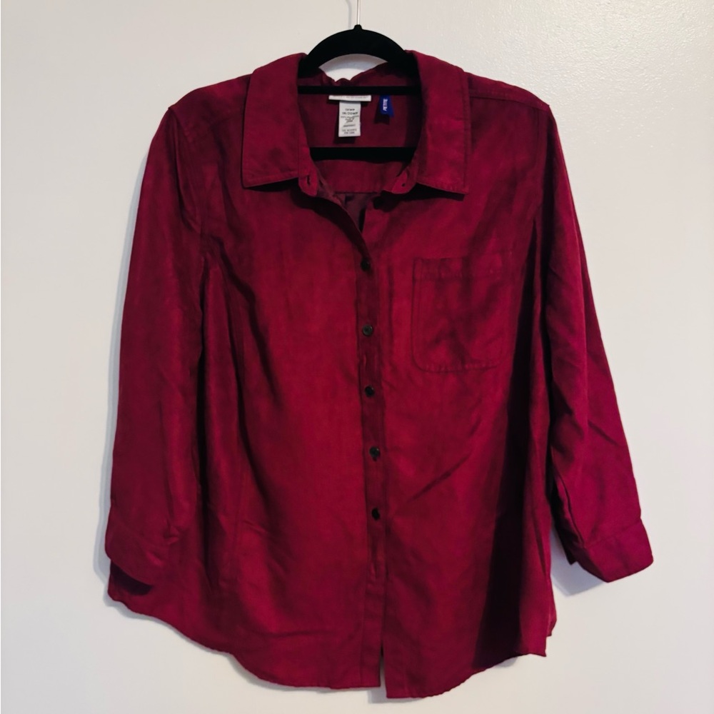 Catherine’s burgundy suede feeling button up long sleeve top with collar size
